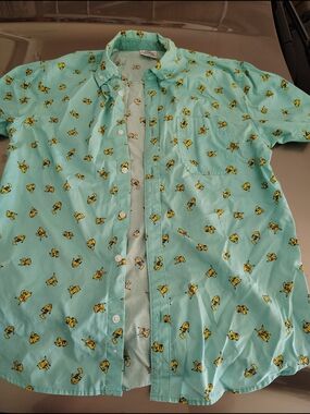 Pokemon Mint Green Short-Sleeve Button-Up Shirt with Yellow Pikachu Print